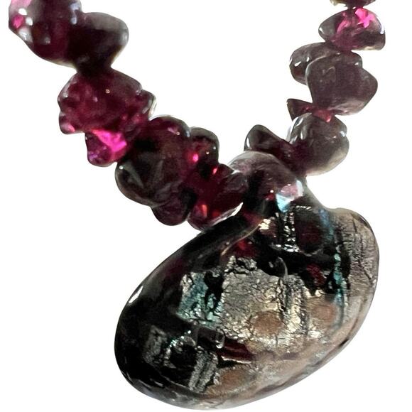Artisan Necklace Translucent Natural Stone Chips Red Shades Dichroic Pendant Vtg - Picture 2 of 8